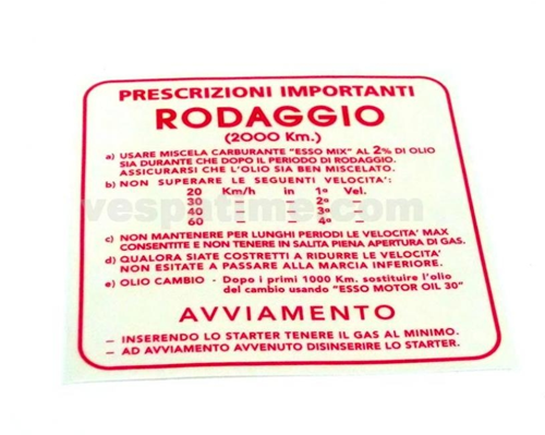 Aufkleber "Rodaggio 2%“, 4 Gänge, rot - VESPA 125 VNB5T-VNB6T, SUPER, GT, GTR, 150 VBB1T-VBB2T, GL,  SPRINT, SPRINT VELOCE