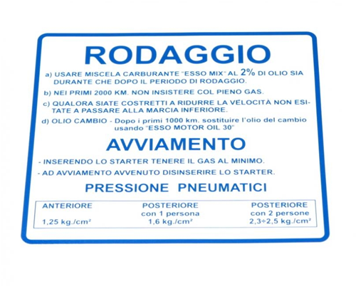 Adhesivo "rodaggio" azul para Vespa 50/90/125 Primavera/ET3