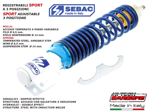 Einstellbarer vorderer Stoßdämpfer „SEBAC BY HITECH CARBONE“ für Vespa PX-PE-T5 – weißer Körper, blaue Feder